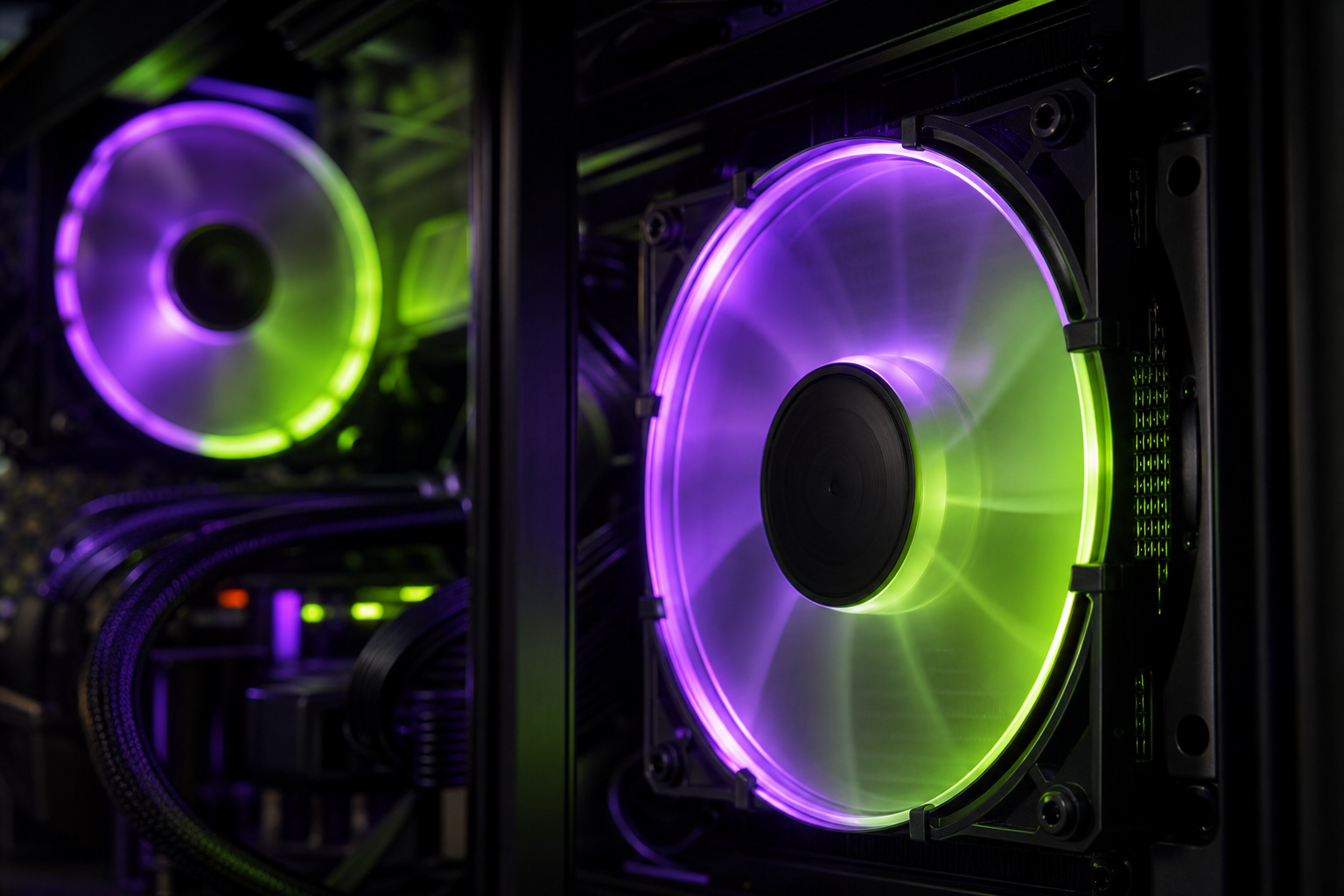 Détail de ventilateurs RGB à l'intérieur d'un boîtier