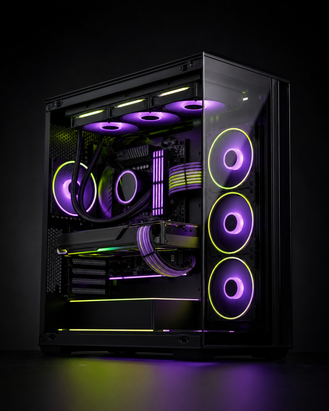 Configuration PC gaming avec éclairage RGB violet et vert